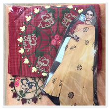 Load image into Gallery viewer, Linen saree with floral motifs ( in stock ready to dispatch in uk)306 the colour of saree is peachy orange not yellow