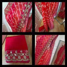 Load image into Gallery viewer, Georgette Lairya print saree 935( the saree is 5 and 1/2 yards it is NOT 6 yards the bottom border starts at around 45 inch