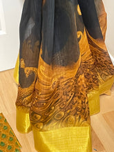 Load image into Gallery viewer, Linen silk ( with mixed fabrics)peacock print saree 938