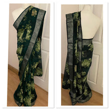 Load image into Gallery viewer, Floral print saree the colour is dark green 2103