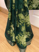 Load image into Gallery viewer, Floral print saree the colour is dark green 2103