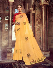 Load image into Gallery viewer, Linen saree with floral motifs ( in stock ready to dispatch in uk)306 the colour of saree is peachy orange not yellow
