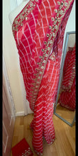 Load image into Gallery viewer, Georgette Lairya print saree 935( the saree is 5 and 1/2 yards it is NOT 6 yards the bottom border starts at around 45 inch