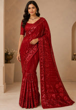 Load image into Gallery viewer, Georgette sequins saree in bright red 1545