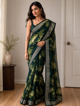 Load image into Gallery viewer, Floral print saree the colour is dark green 2103